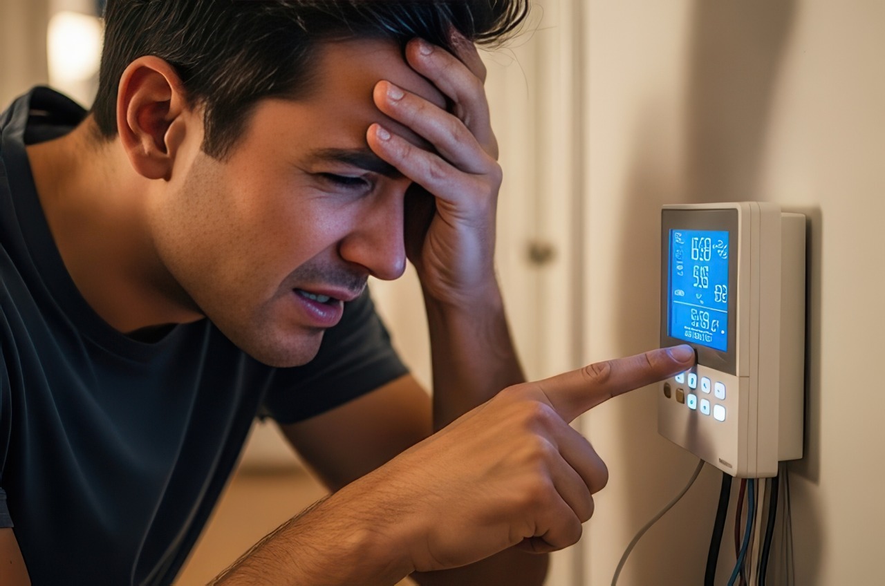 A frustrated man holds his head while trying to adjust a wall-mounted thermostat that’s not responding or saving his settings.