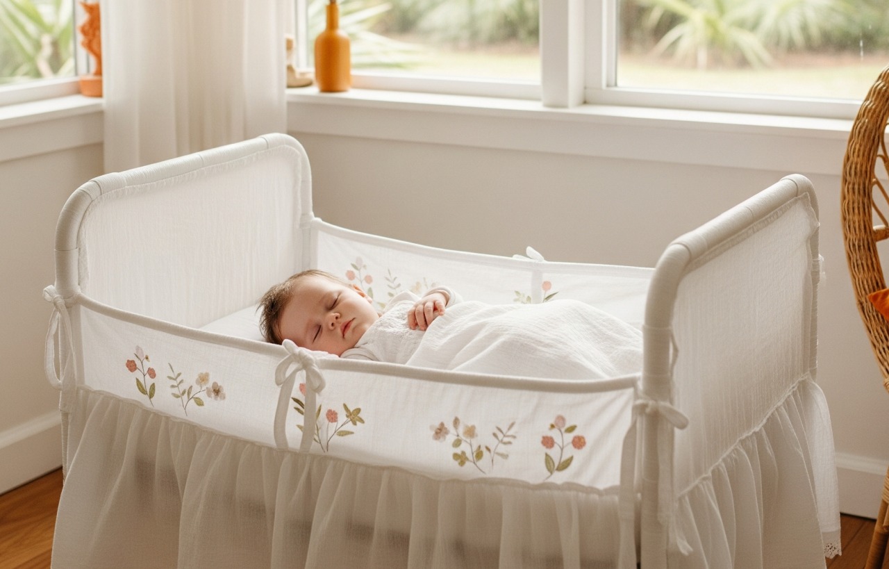 A baby sleeps in a bassinet by the window in a peaceful Florida room with soft light and floral embroidery.