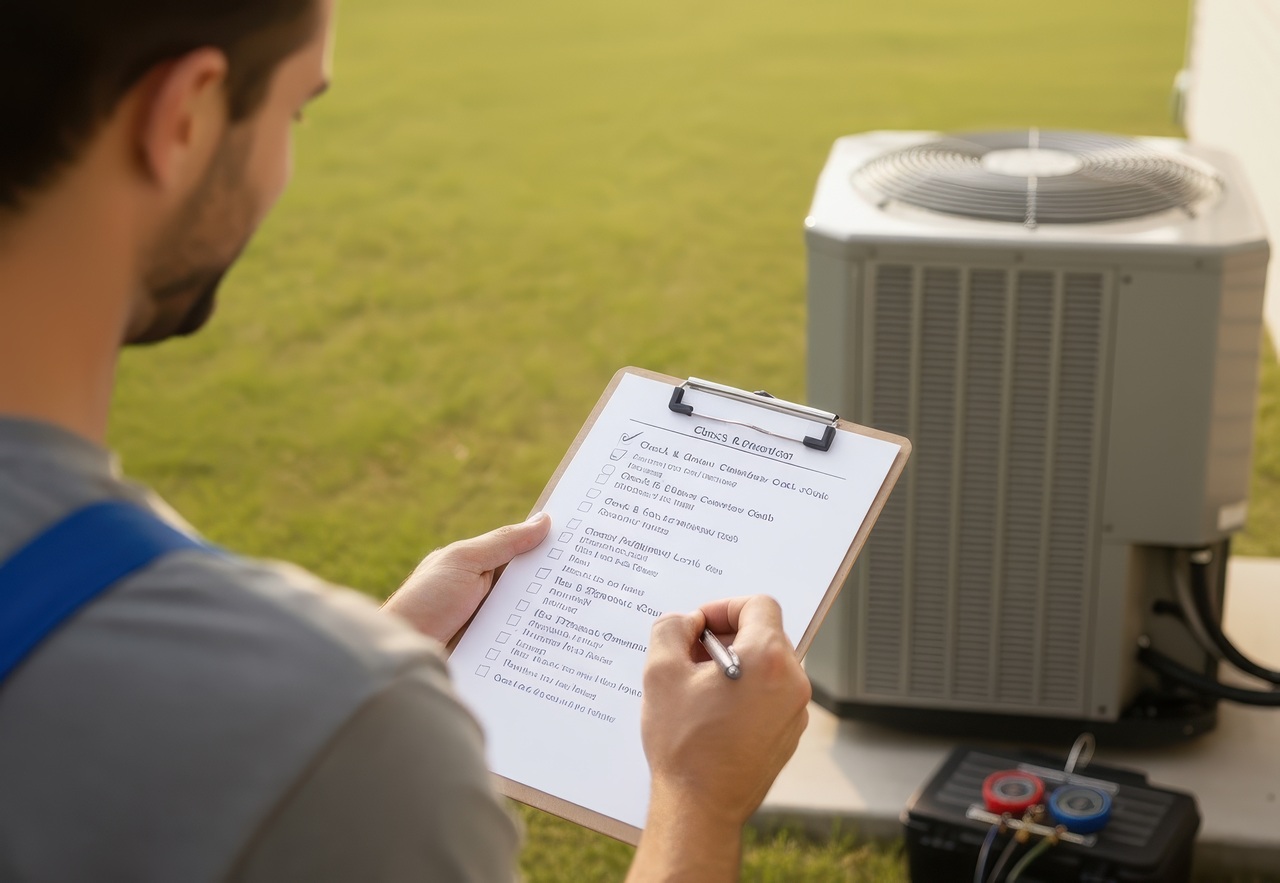 Technician holding a maintenance checklist clipboard while inspecting an outdoor air conditioning unit during routine AC service.