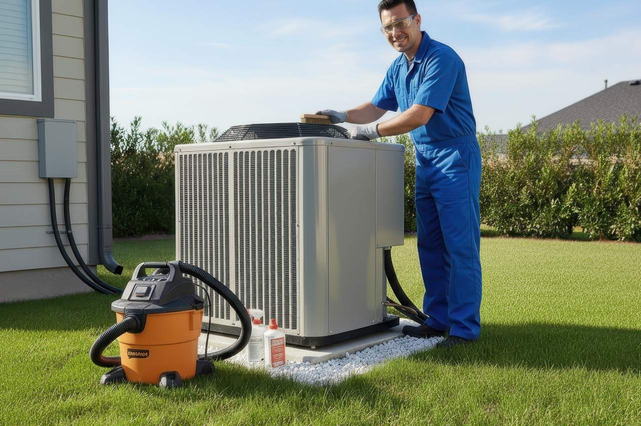 HVAC technician in blue coveralls cleaning a central air conditioning unit outside a home, with safety goggles, a vacuum, and cleaning supplies nearby.