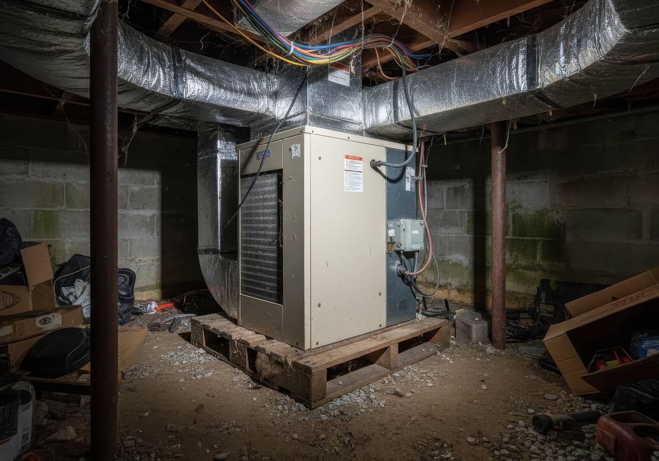 HVAC air handler installed on a wooden pallet in a dark, unfinished basement or crawlspace, surrounded by ductwork and exposed wiring.