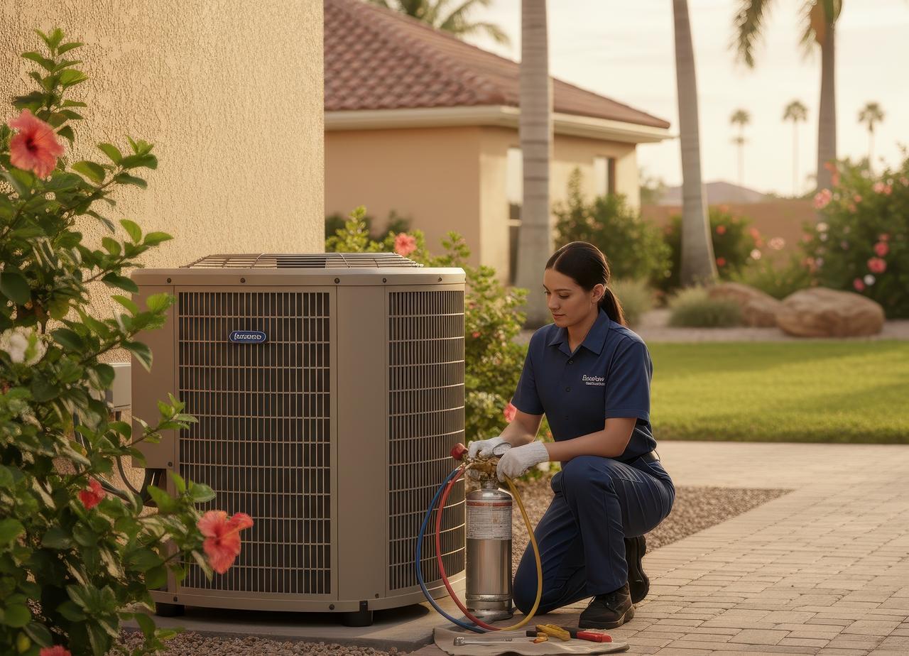Female HVAC technician servicing AC unit outside a home, surrounded by tropical plants and evening sunlight.