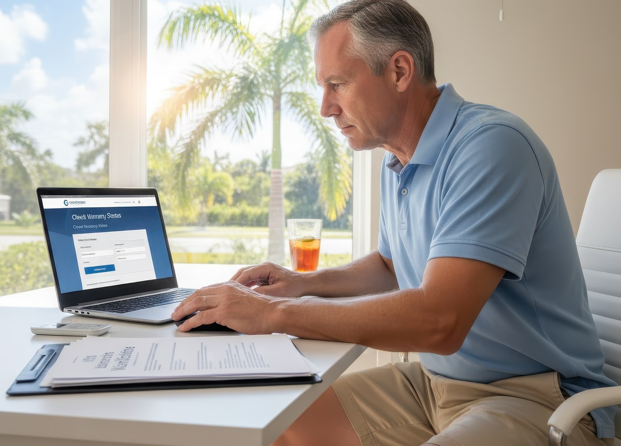 Man in a light blue polo shirt sitting at a desk, checking his air conditioner warranty status on a laptop, with a clipboard and iced tea nearby.