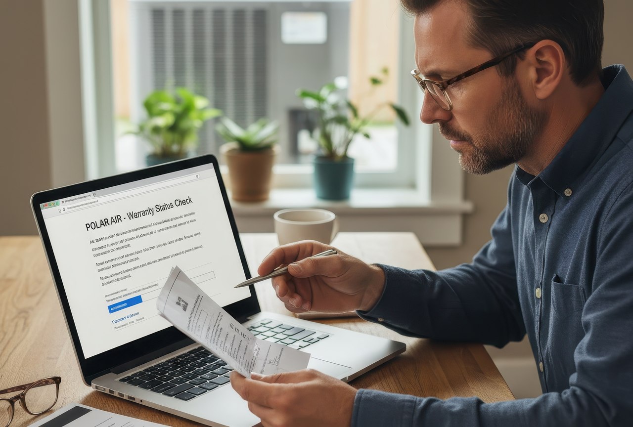 Man reviewing HVAC warranty paperwork at home while checking the Polar Air warranty status page on a laptop, with documents and coffee on the table.