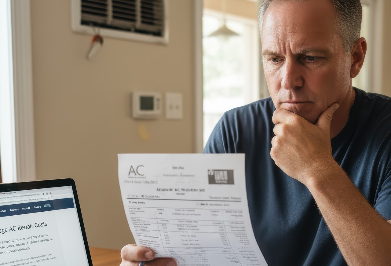 Concerned man reviewing an AC repair invoice while researching average repair costs on a laptop at home.