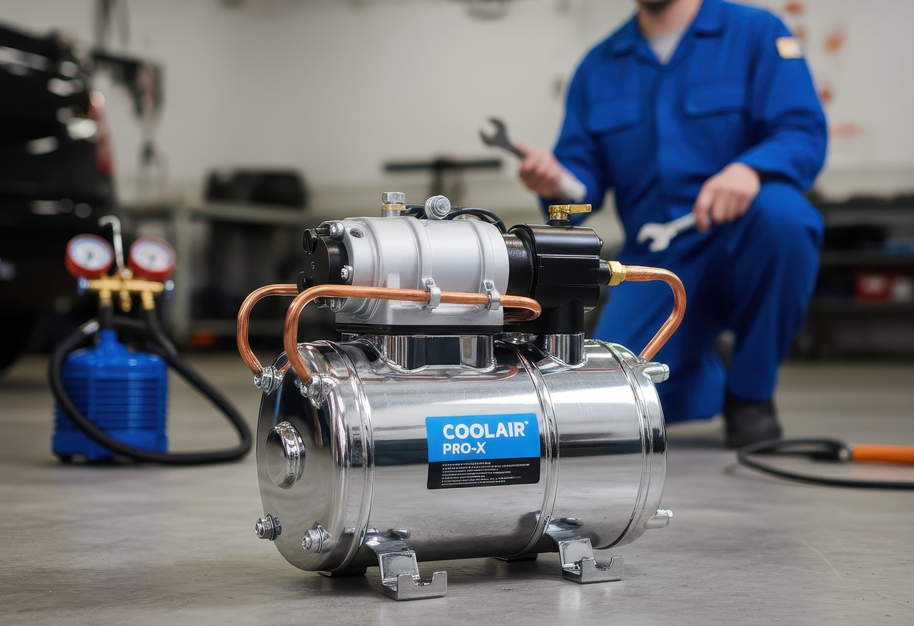 Close-up of an air conditioning compressor pump labeled “Coolair Pro-X” with a technician in blue uniform holding tools in the background.