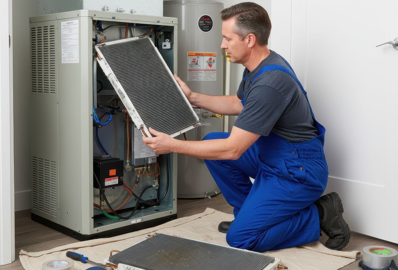 HVAC technician in blue overalls replacing an evaporator coil inside an air conditioning unit, with tools and an old coil placed on the floor nearby.