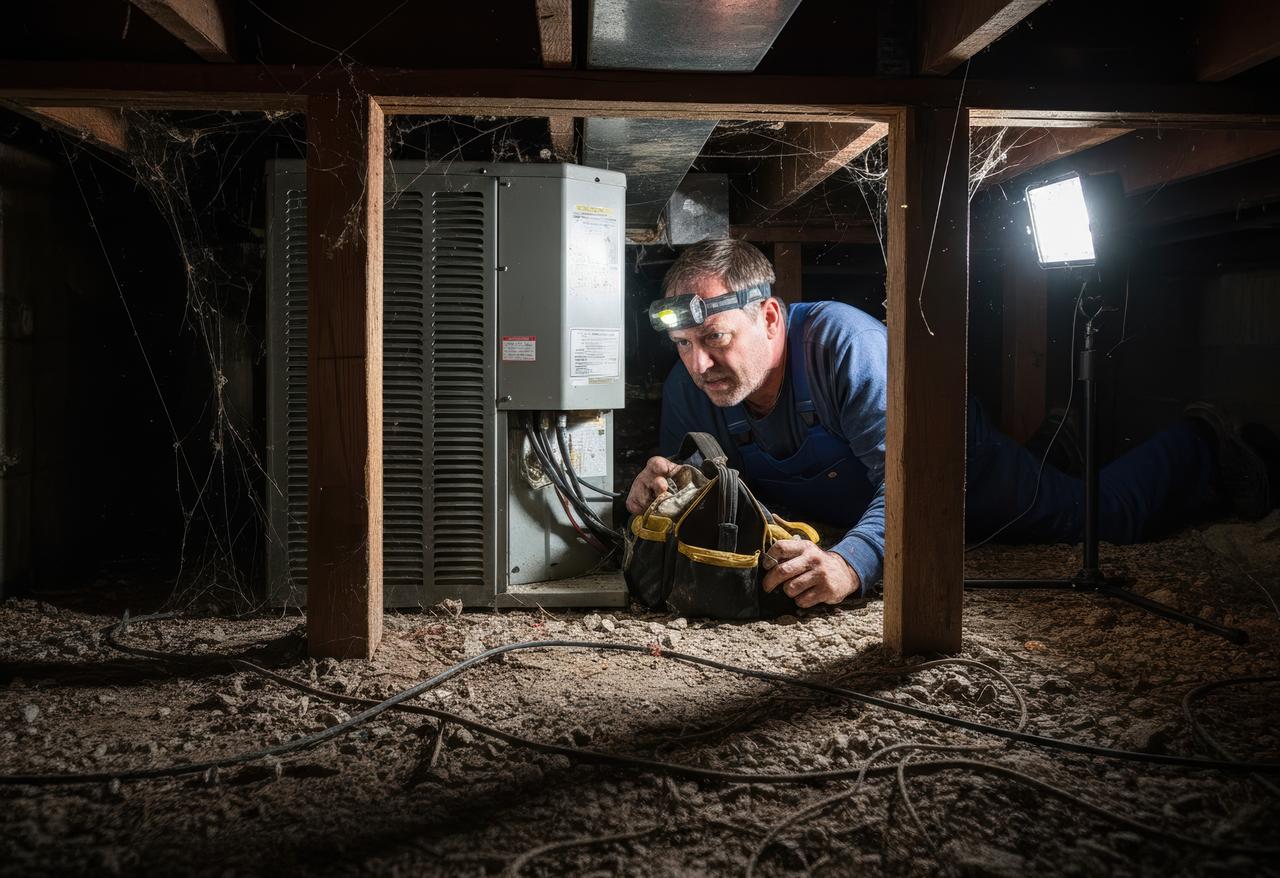 HVAC technician with a headlamp working on an air conditioning unit in a crawl space surrounded by cobwebs and exposed wiring.