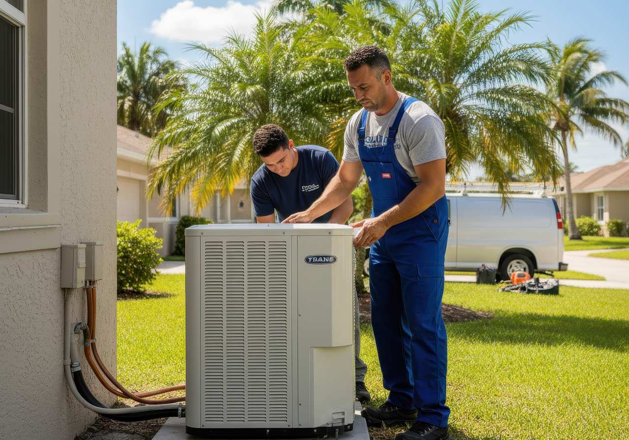Two HVAC technicians working on an outdoor AC unit in a sunny residential area, evaluating whether to repair or replace the system.