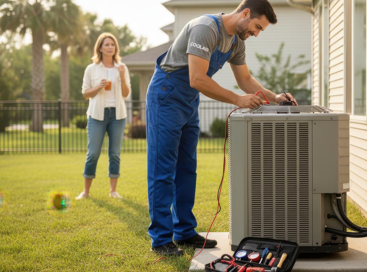 HVAC technician testing an outdoor AC unit with electrical tools while a homeowner looks on, representing the decision between AC repair and replacement.