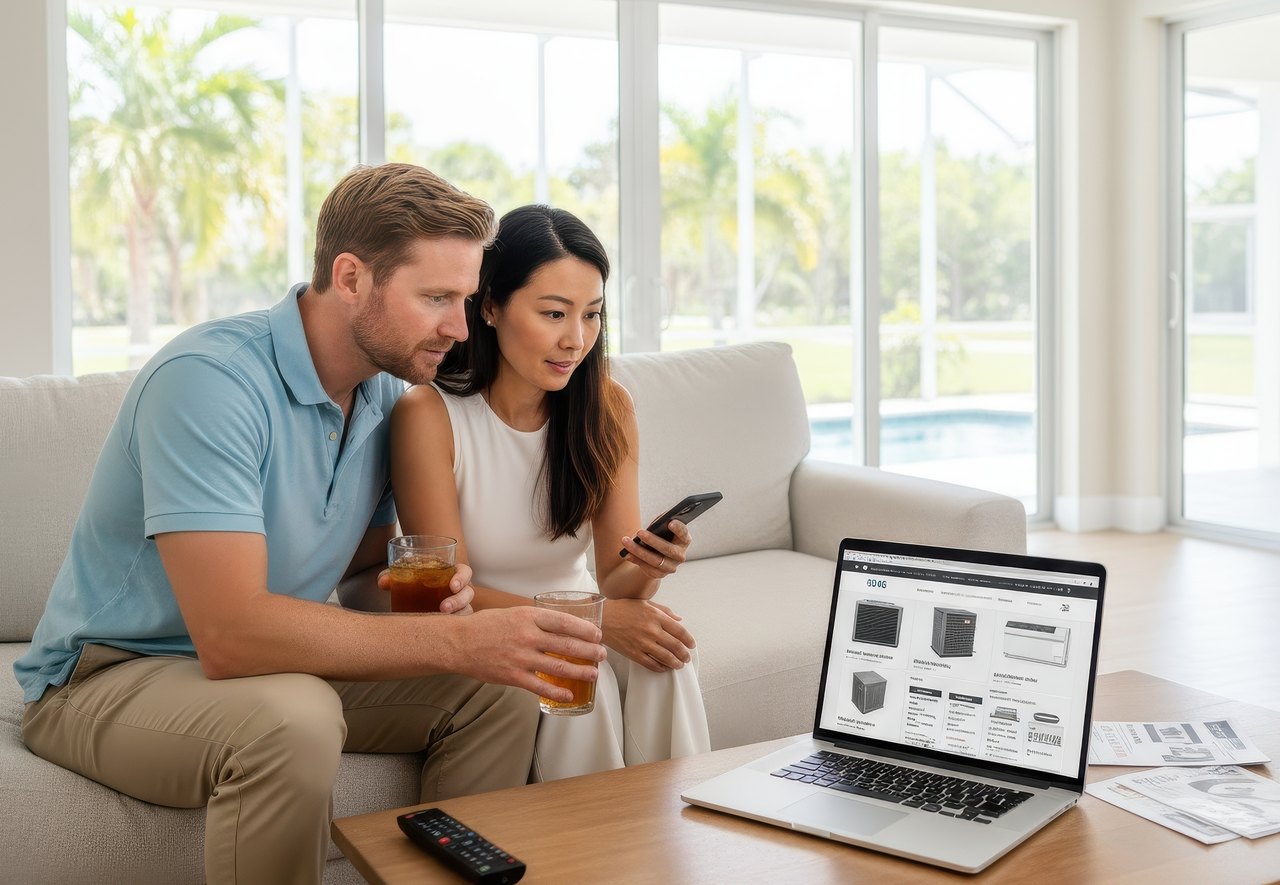 Couple researching AC repair vs replacement costs online at home while comparing air conditioner options.