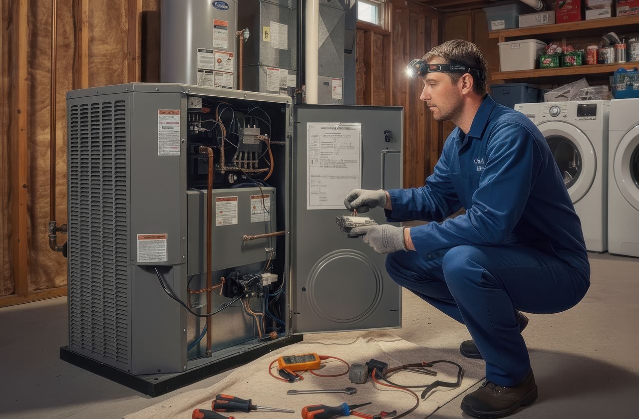 Male HVAC technician in blue coveralls and gloves using tools to repair a furnace in a basement, with the access panel open and diagnostic equipment on the floor.