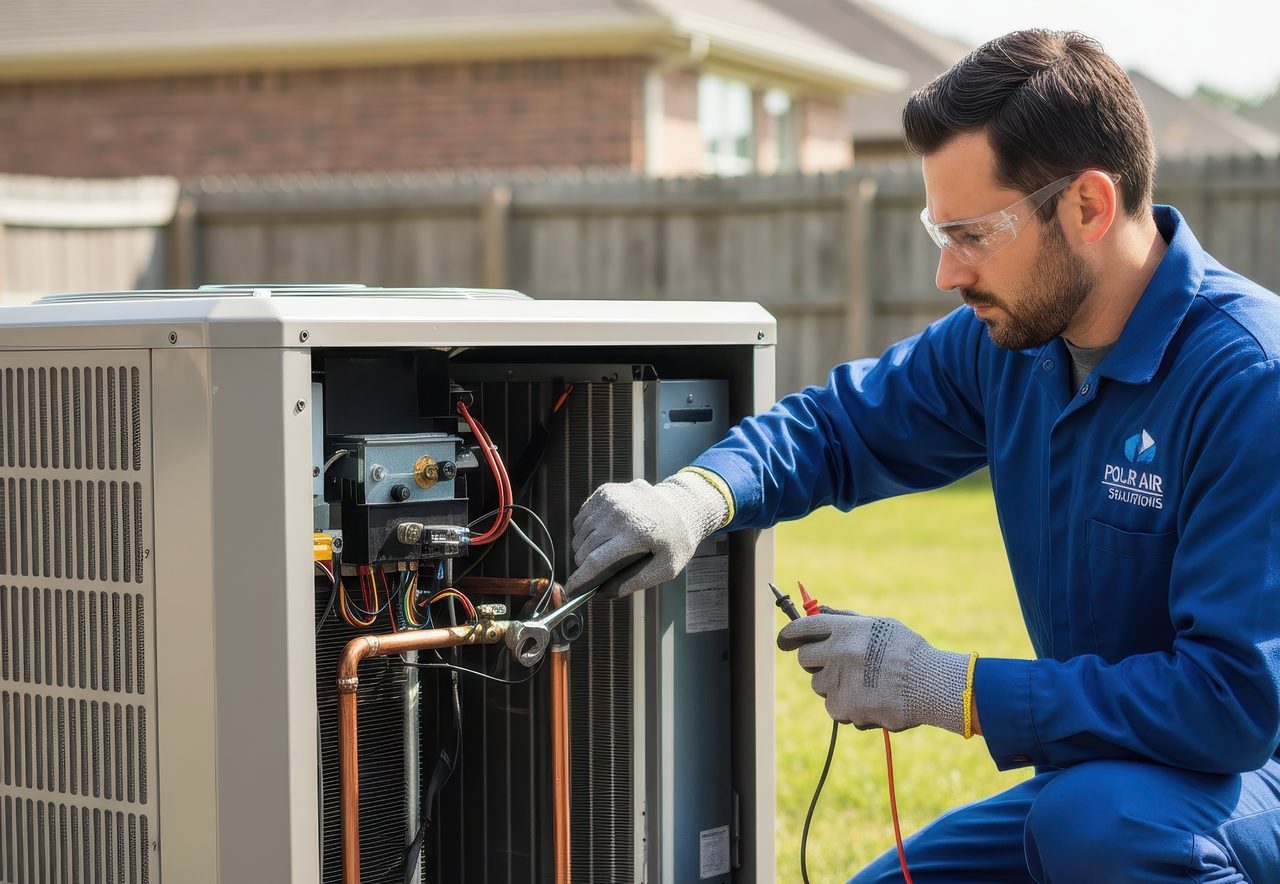 Male HVAC technician in blue Polar Air Solutions uniform using tools to repair an outdoor AC unit, holding a wrench and multimeter probes.