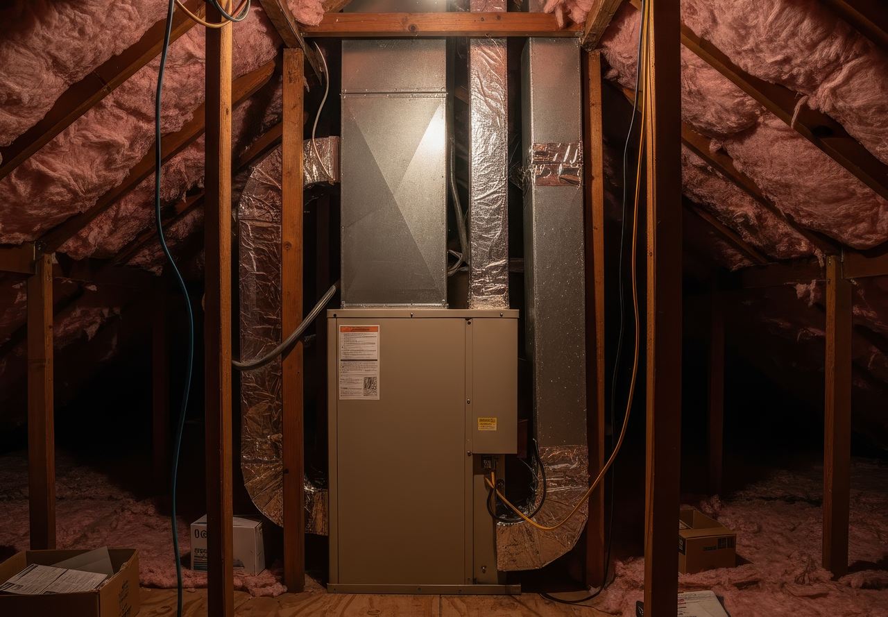 AC unit installed in an attic with insulation around, showing limited accessibility for repairs.