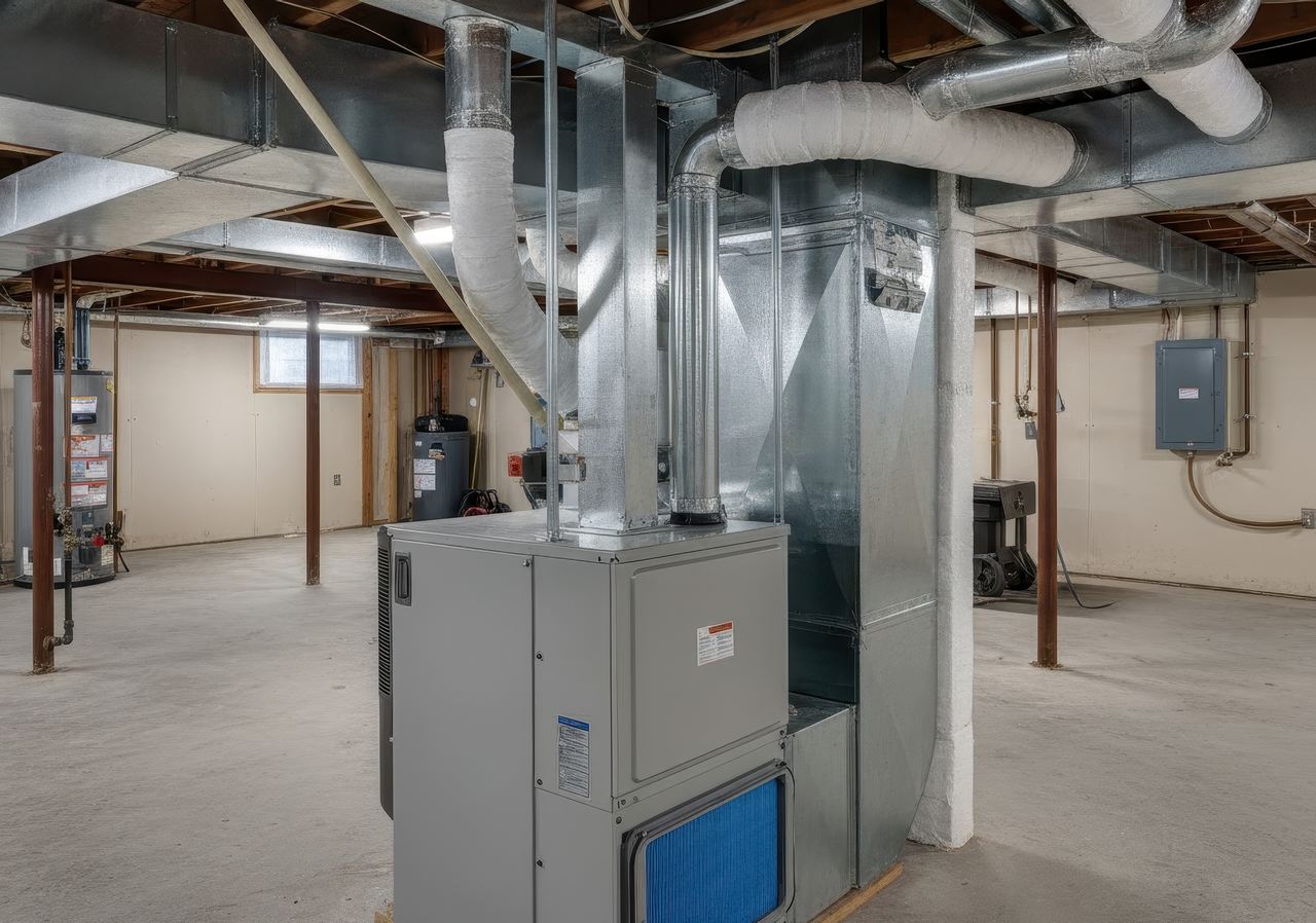 Central air conditioning system installed in a basement with visible ductwork, pipes, and insulated ventilation lines.