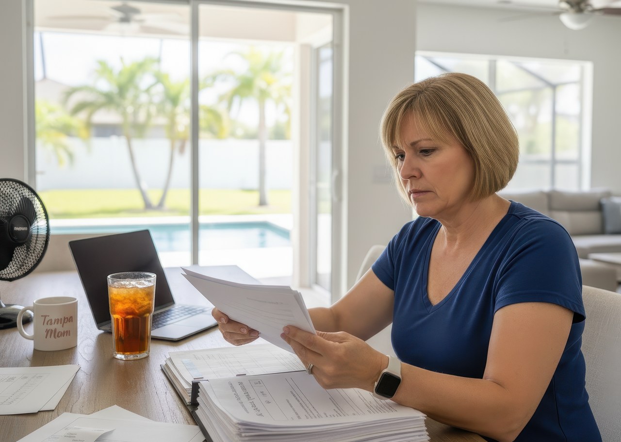 Woman at home reviewing AC warranty papers at a table with laptop, fan, and iced tea nearby.