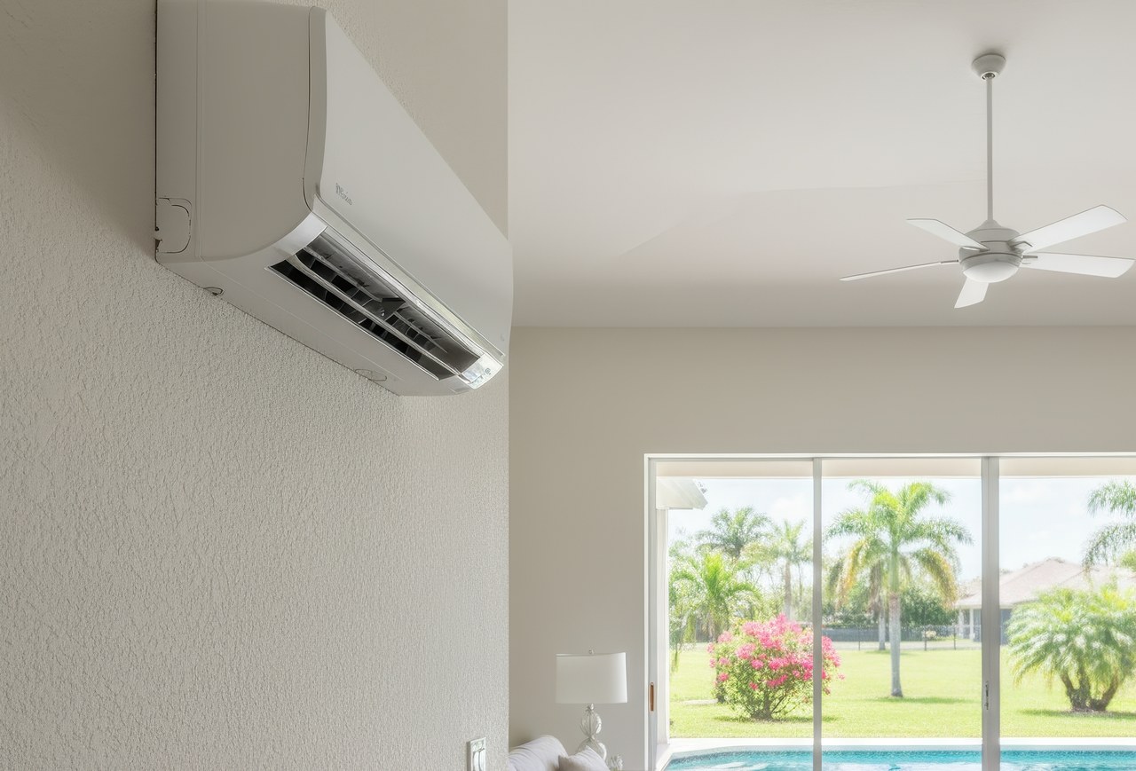Indoor ductless mini-split AC unit on a wall, with view of tropical backyard through large sliding glass doors.
