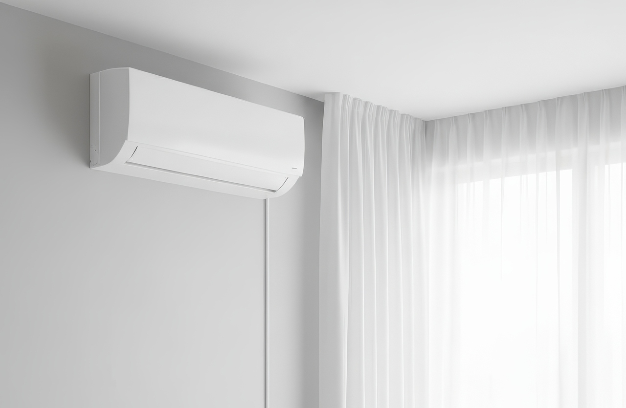 Wall-mounted ductless mini-split air conditioner installed in a bright, modern room with sheer white curtains.
