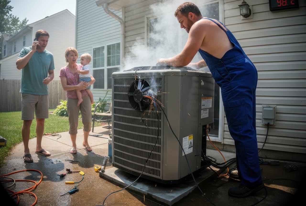 Technician in blue overalls performing emergency repair on a smoking outdoor AC unit while a worried family with a baby looks on, highlighting the urgency of cooling system failures.