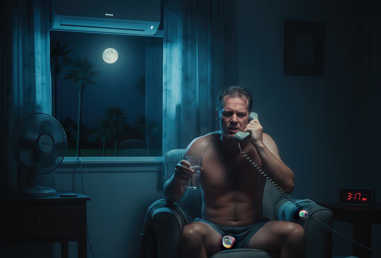 Sweaty man calling for emergency AC repair at 3:17 a.m. under a broken unit, fan running, full moon outside.