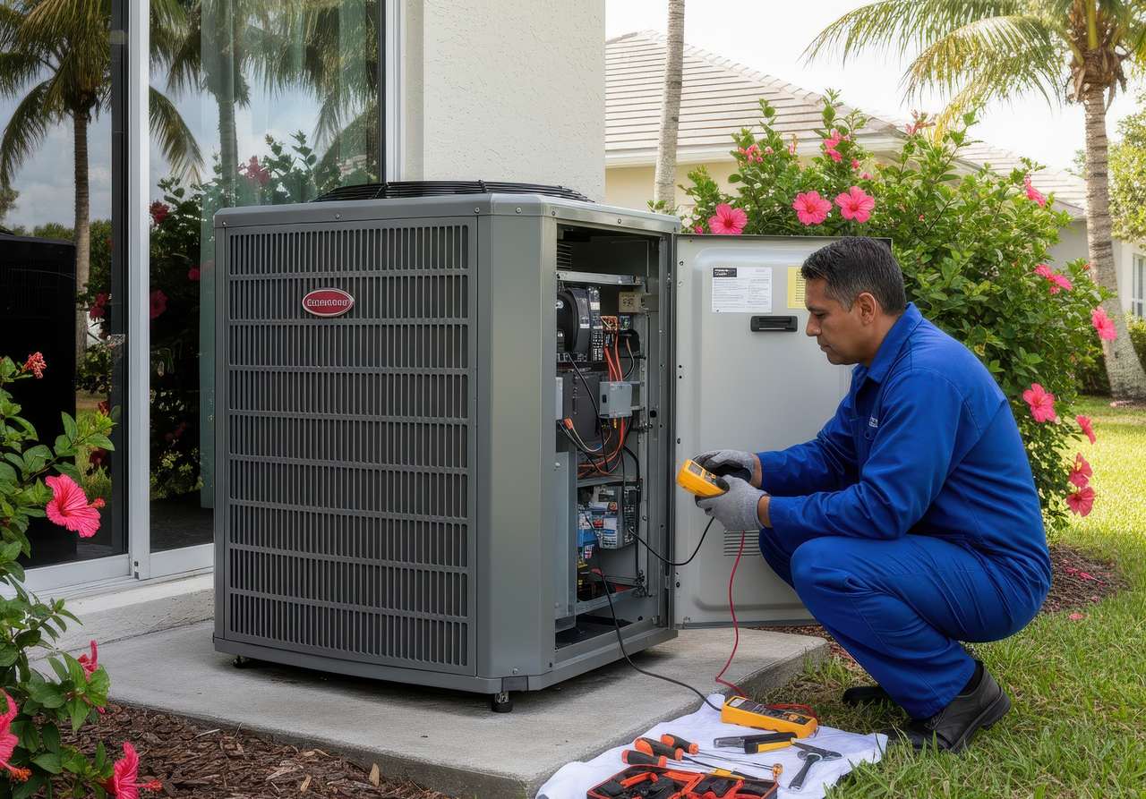 HVAC technician in blue uniform performing regular AC maintenance outdoors with tools and meter.