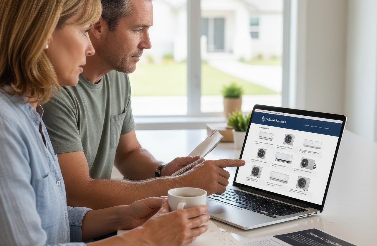 Couple researching air conditioning units online at home, viewing the Polar Air Solutions website on a laptop while holding documents and a coffee mug.