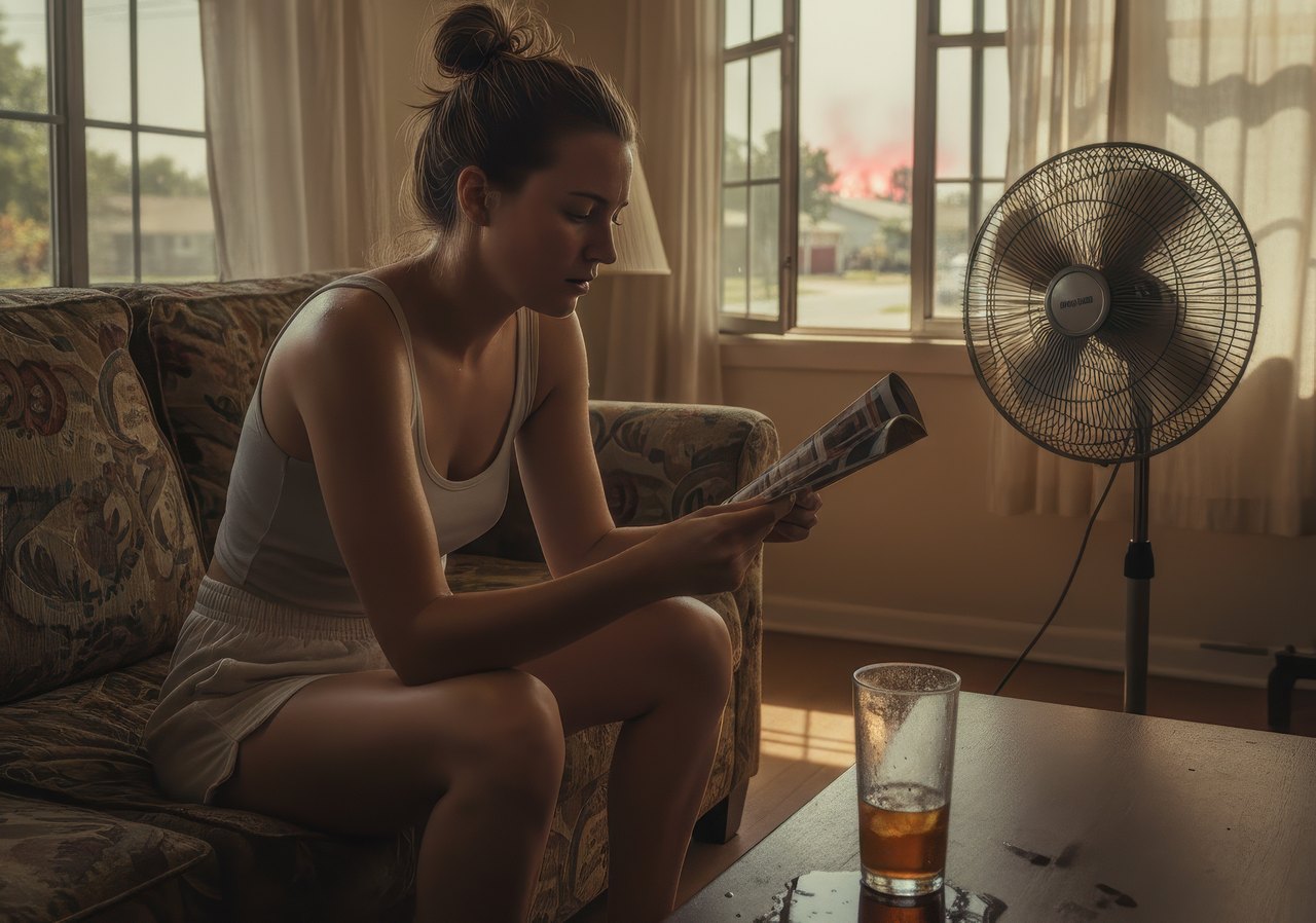 Young woman sitting on a couch reading a magazine in a warm room, with a fan blowing nearby and sweat on her skin, suggesting a lack of air conditioning.