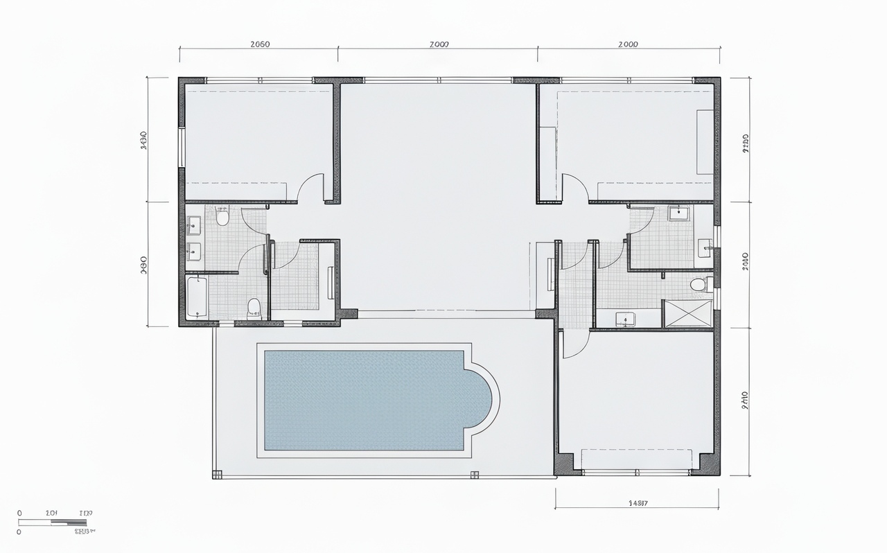 Architectural floor plan of a single-story home showing room layout, measurements, and an outdoor pool, used for AC sizing estimates.