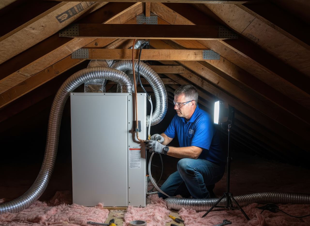 HVAC technician working in an attic, installing and connecting air conditioning ducts and copper lines to a central air unit.