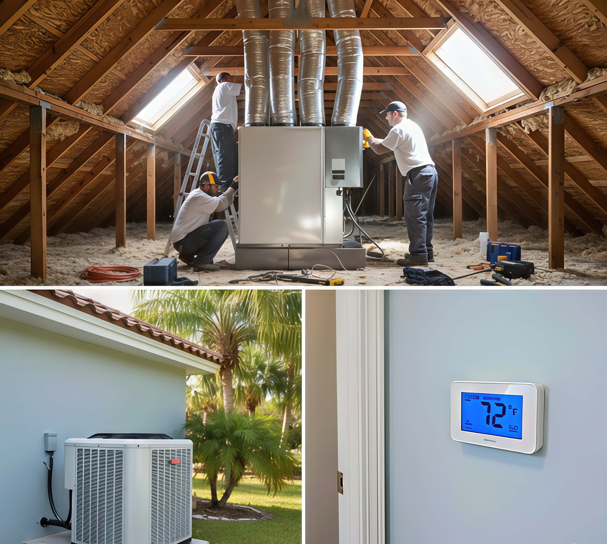 Ac Replacement Cost in Orlando - Collage showing HVAC technicians installing a new air handler, an outdoor AC unit, and a thermostat set to 72°F in an Orlando home.