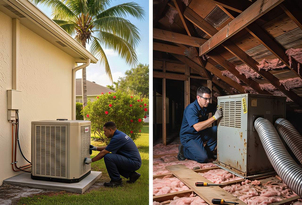 HVAC technicians working on air conditioning units—one installing a new outdoor system, the other inspecting an old attic unit.
