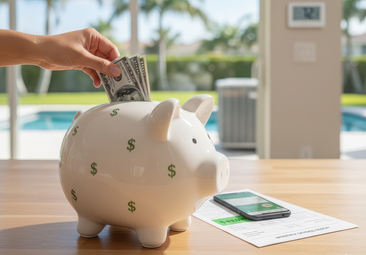 Hand placing cash into a white piggy bank with green dollar signs, symbolizing savings from an energy-efficient AC upgrade.