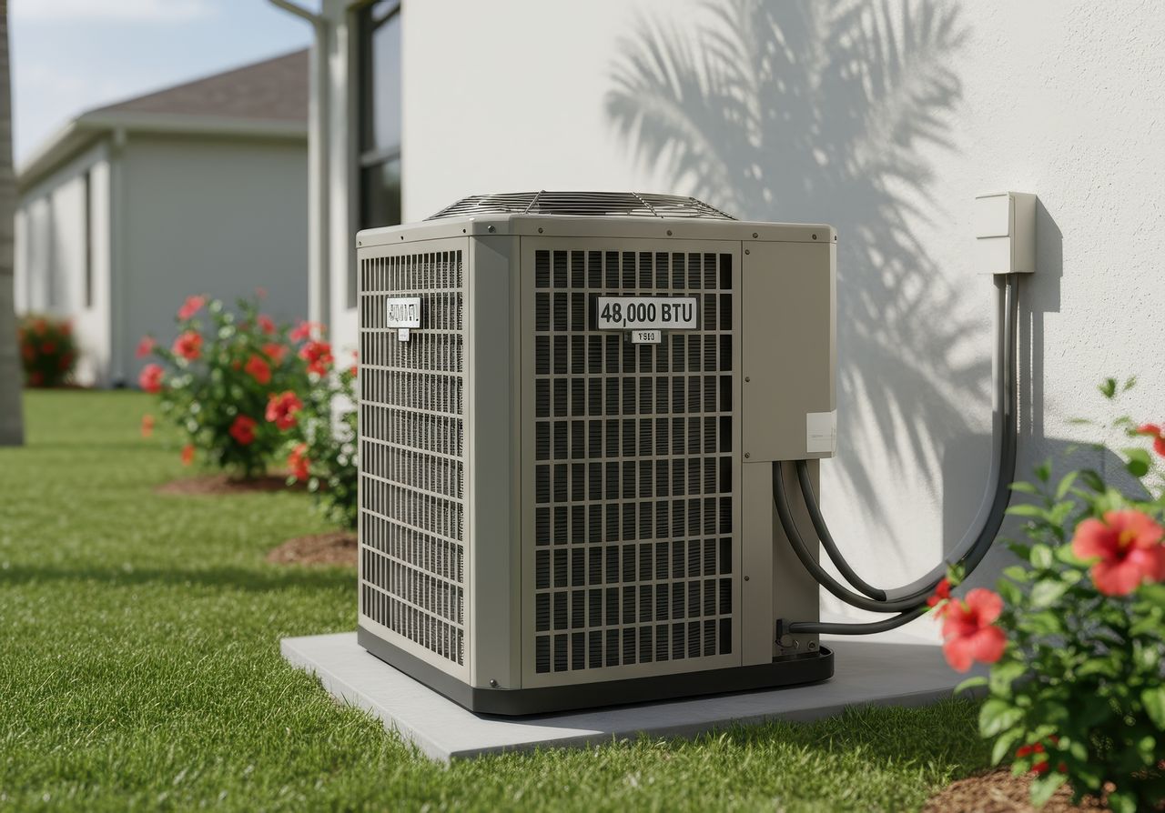 Outdoor air conditioning unit labeled “48,000 BTU” installed beside a home on a concrete pad, surrounded by green grass and flowers.