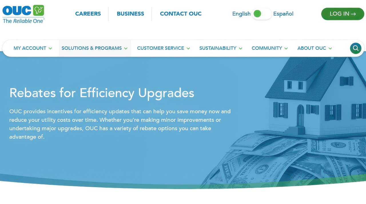OUC website page promoting rebates for energy-efficient home upgrades, offering incentives to reduce utility costs.