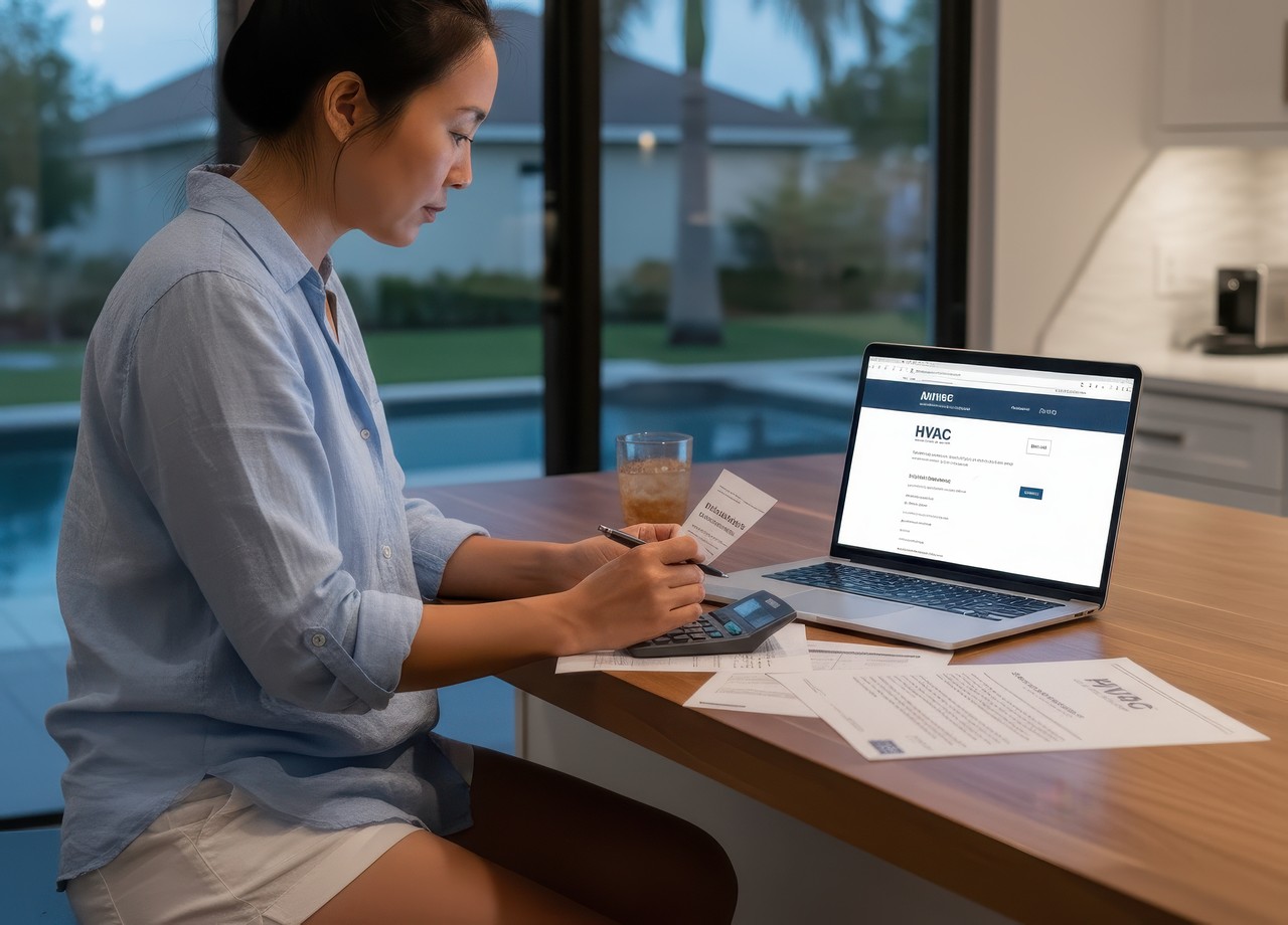 Woman sitting at a kitchen counter reviewing HVAC warranty documents, using a calculator, and viewing warranty info on her laptop.