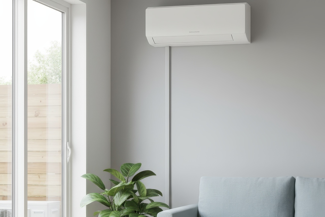 Modern ductless mini-split air conditioning unit mounted on a gray wall above a light blue sofa and green indoor plant.
