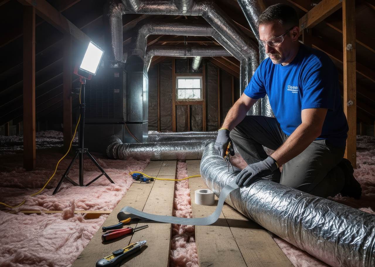 HVAC technician working in an attic, repairing and sealing insulated ductwork with aluminum tape under bright work lighting.