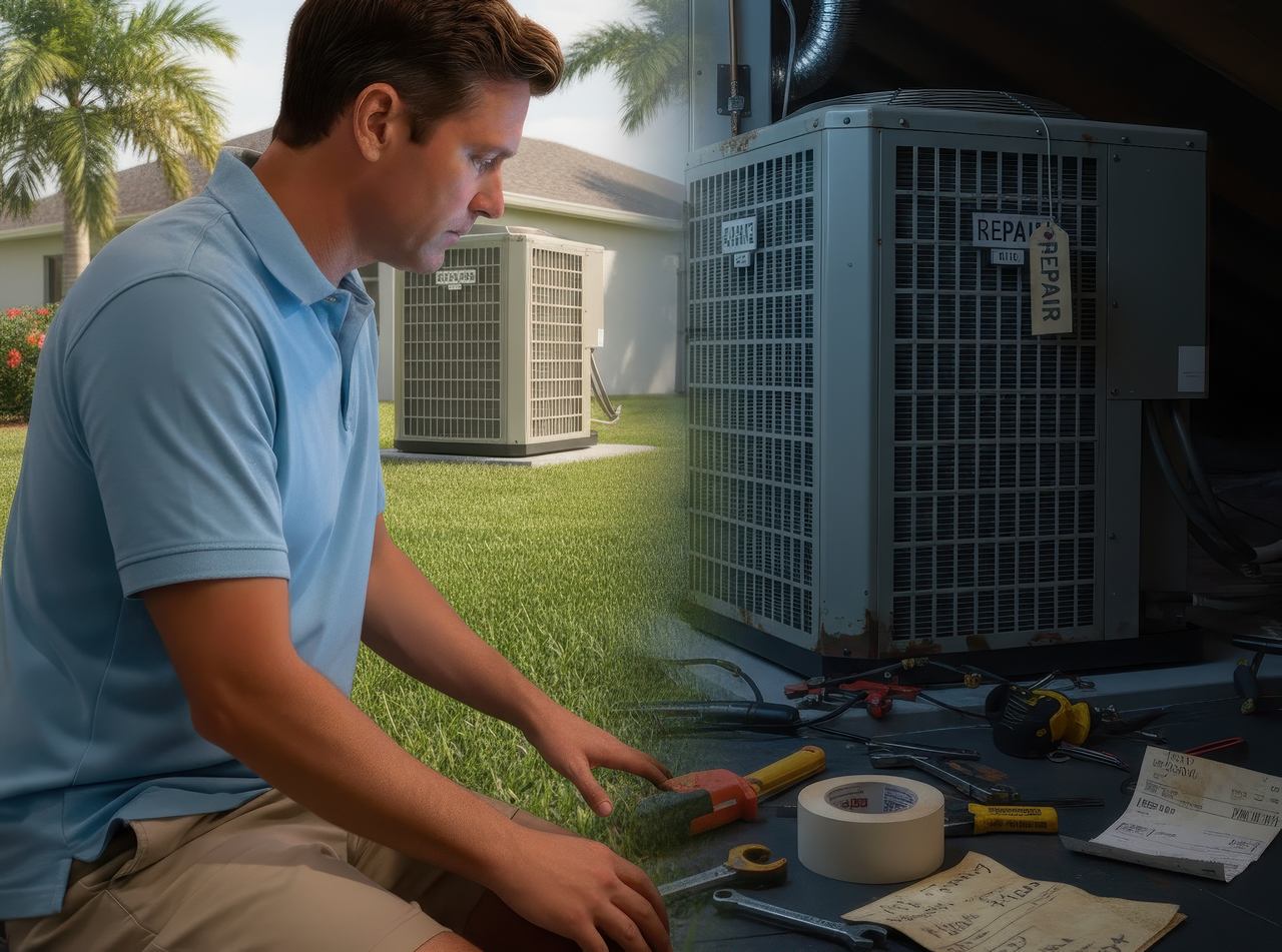 Man comparing repair versus replacement options for an air conditioner, with old and new outdoor AC units shown side by side.