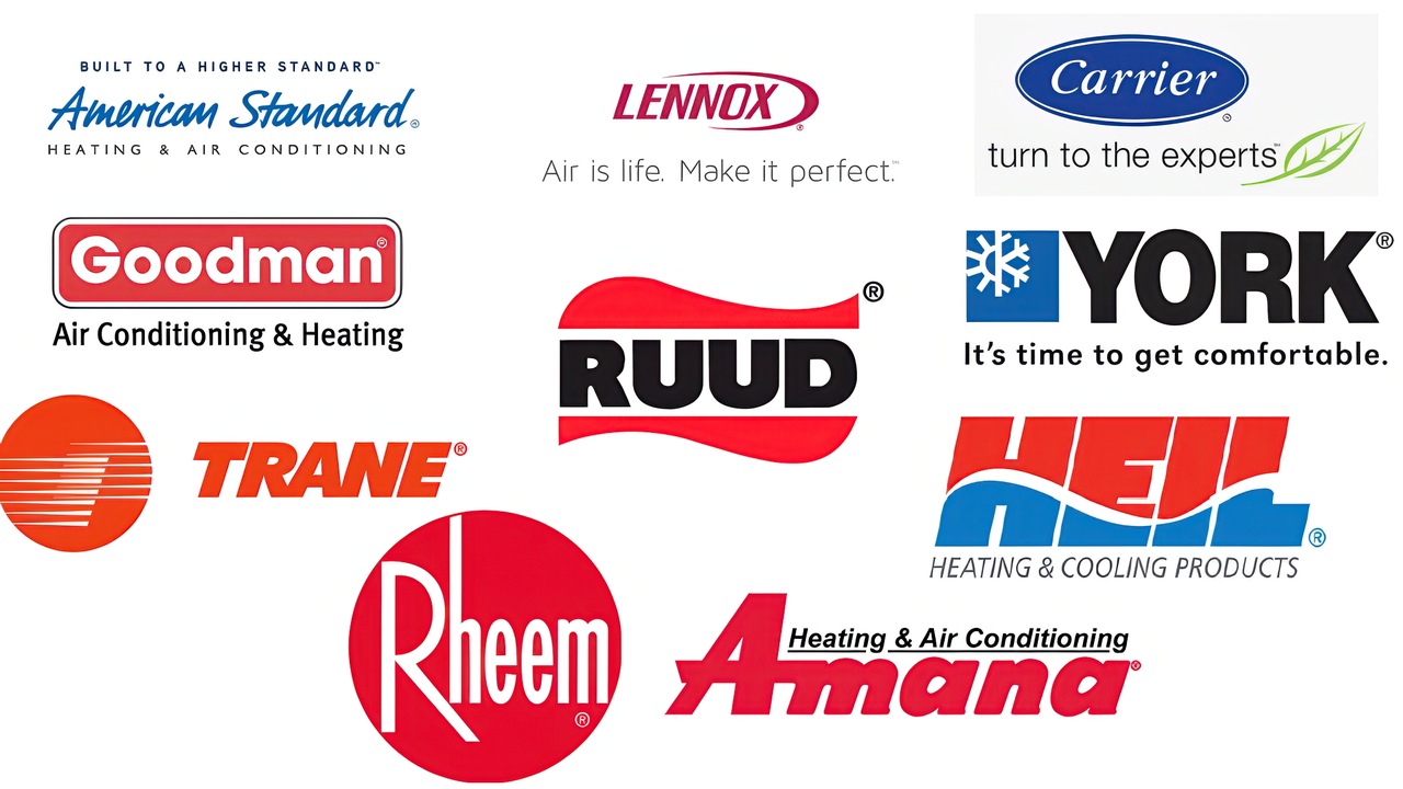 Logos of major AC brands including American Standard, Goodman, Carrier, Lennox, Trane, Rheem, York, RUUD, Heil, and Amana.