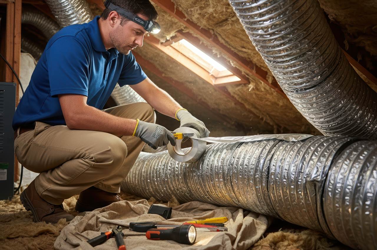 An HVAC technician in an attic seals flexible ductwork with foil tape during an air conditioning repair job, surrounded by tools.