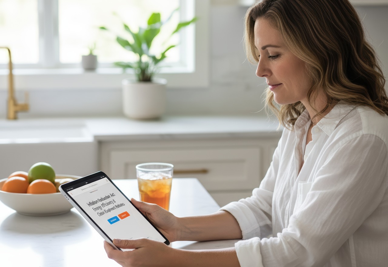 A woman sits at a bright kitchen counter, reading about AC energy efficiency rebates on a tablet, with a glass of iced tea and a bowl of fruit nearby.