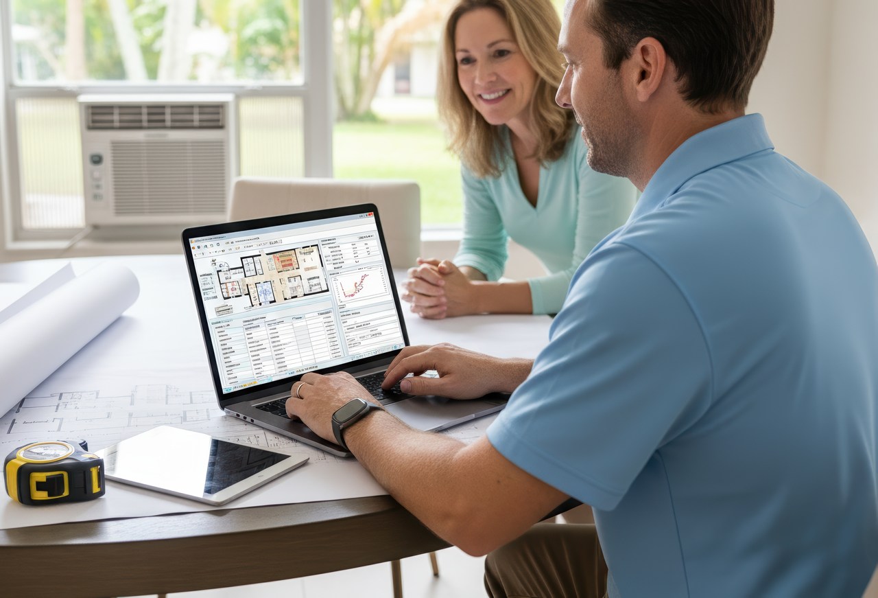 A technician uses HVAC software on a laptop to review cooling requirements with a smiling homeowner at a table indoors.