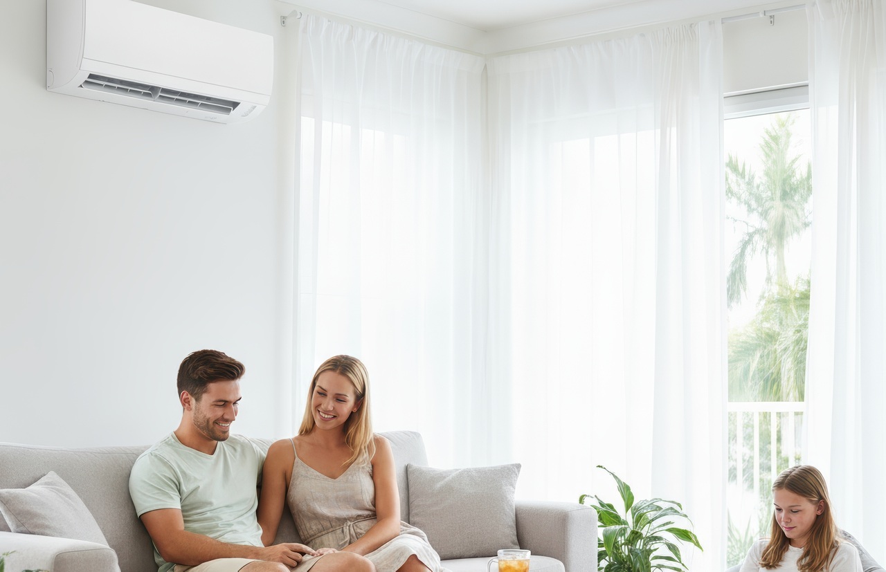 A couple relaxes on a couch beneath a ductless mini-split AC unit while a young girl plays nearby in a bright, airy living room.