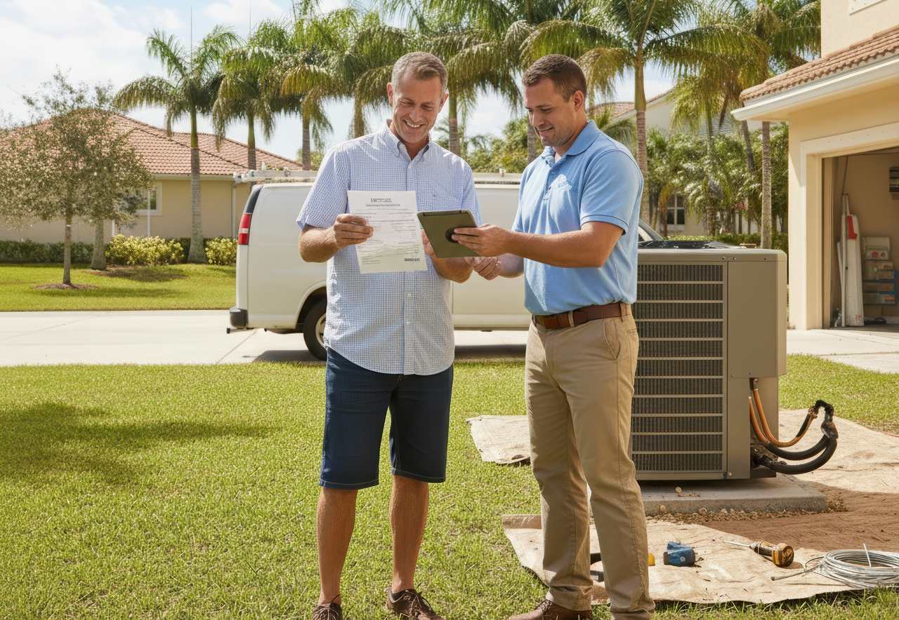 An HVAC technician shows a homeowner details on a tablet while discussing paperwork beside a new AC unit in a suburban yard.