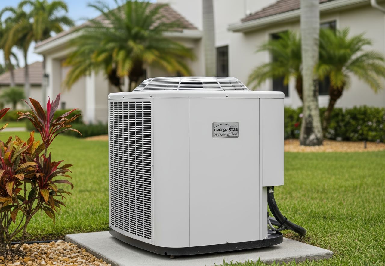 A new high-efficiency outdoor air conditioner unit with an Energy Star label sits on a concrete pad outside a suburban home.