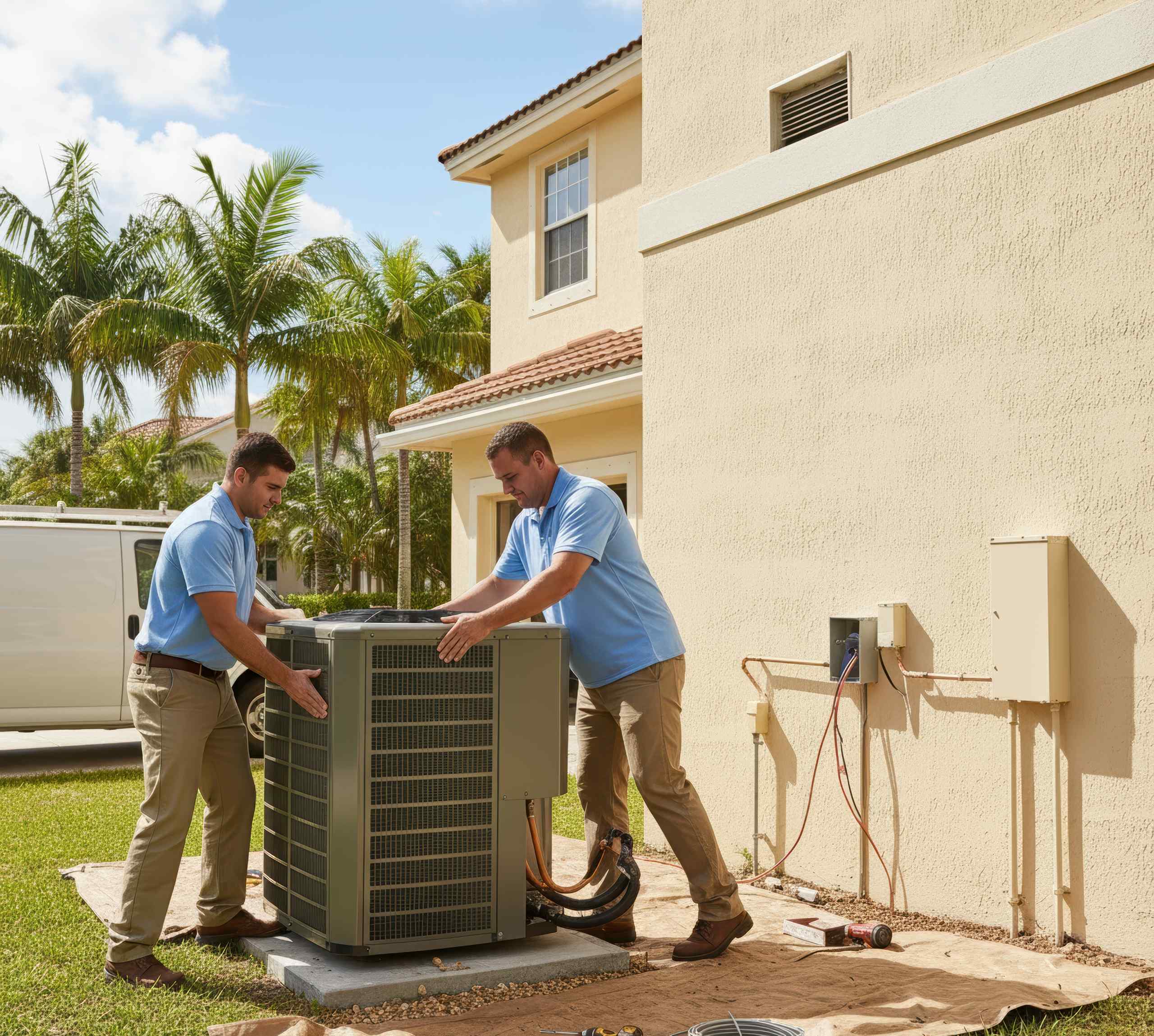 repair-or-replace-ac Two HVAC technicians install a new outdoor AC unit at a residential home, illustrating typical AC replacement cost in Tampa.