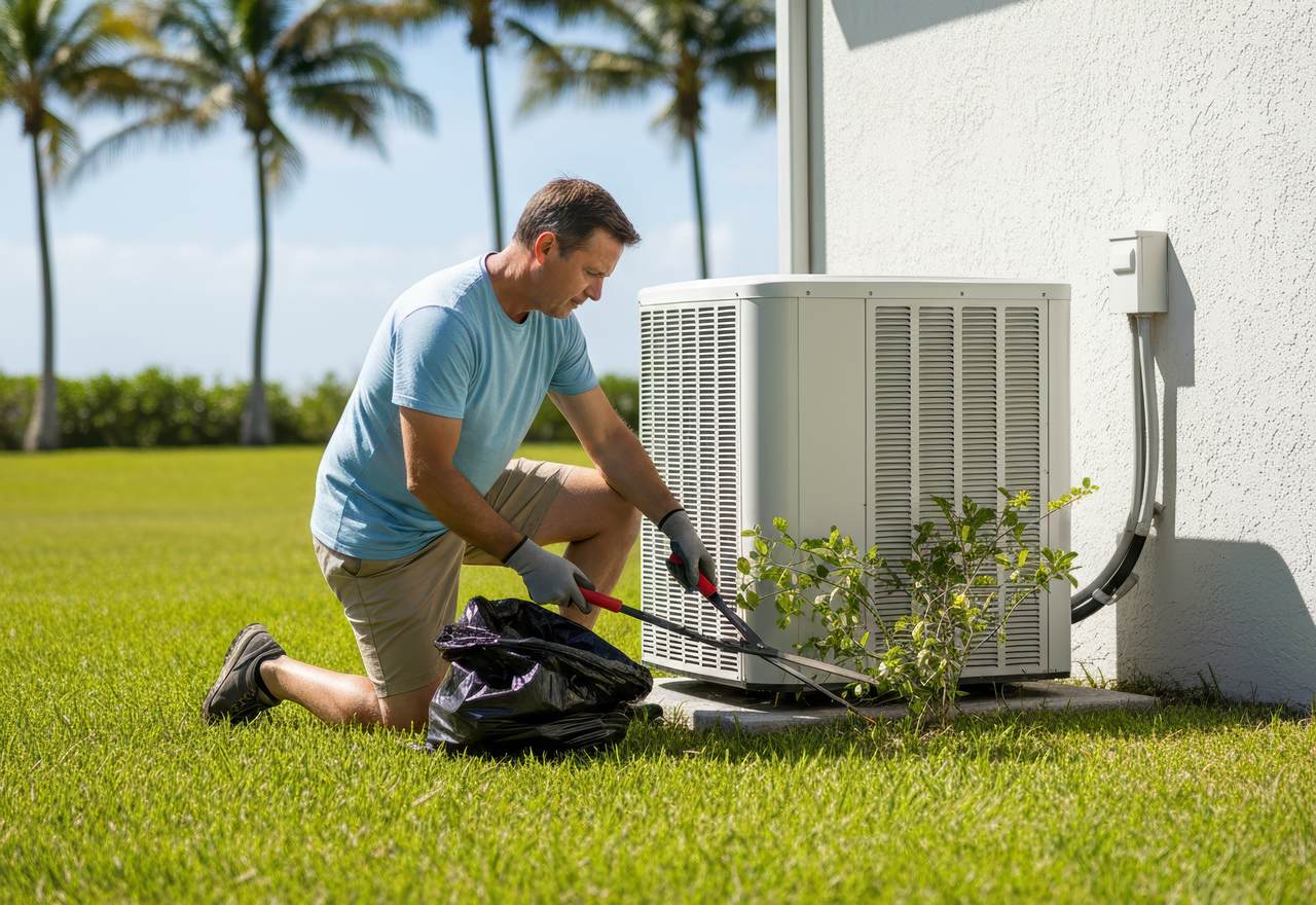 Homeowner trimming plants and clearing debris around an outdoor air conditioner to improve airflow and maintenance.