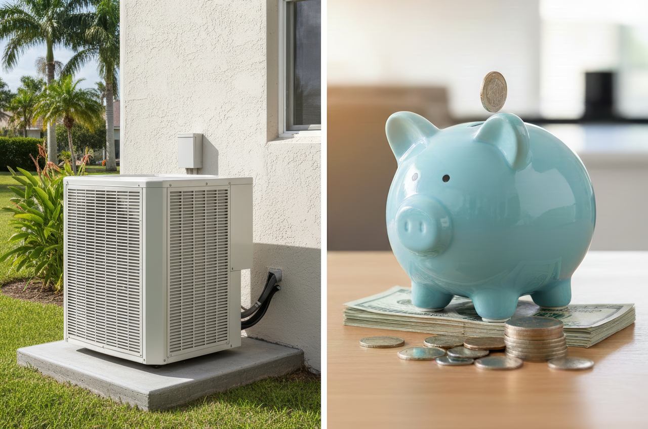 Split image showing an outdoor air conditioning unit next to a house and a blue piggy bank sitting on stacked cash.