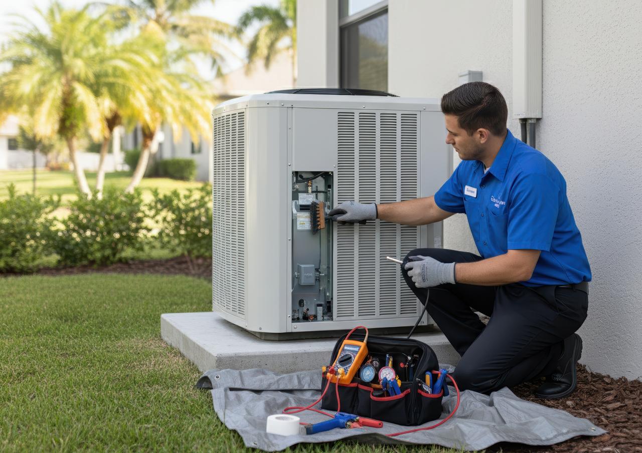 HVAC technician performing routine maintenance on an outdoor air conditioner with tools and gauges beside the unit.