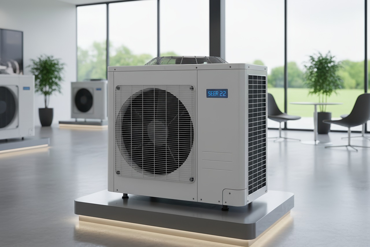 High-efficiency outdoor air conditioning unit displayed on a platform inside a modern showroom with large windows.